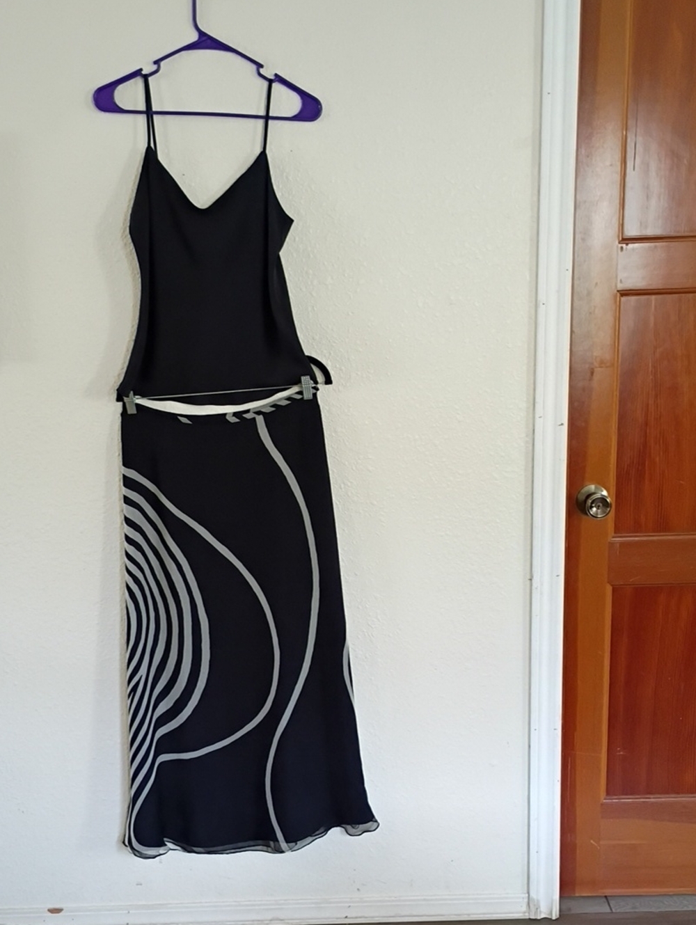 Dana Buchman Black Slip Dress with Gray Wave Pattern